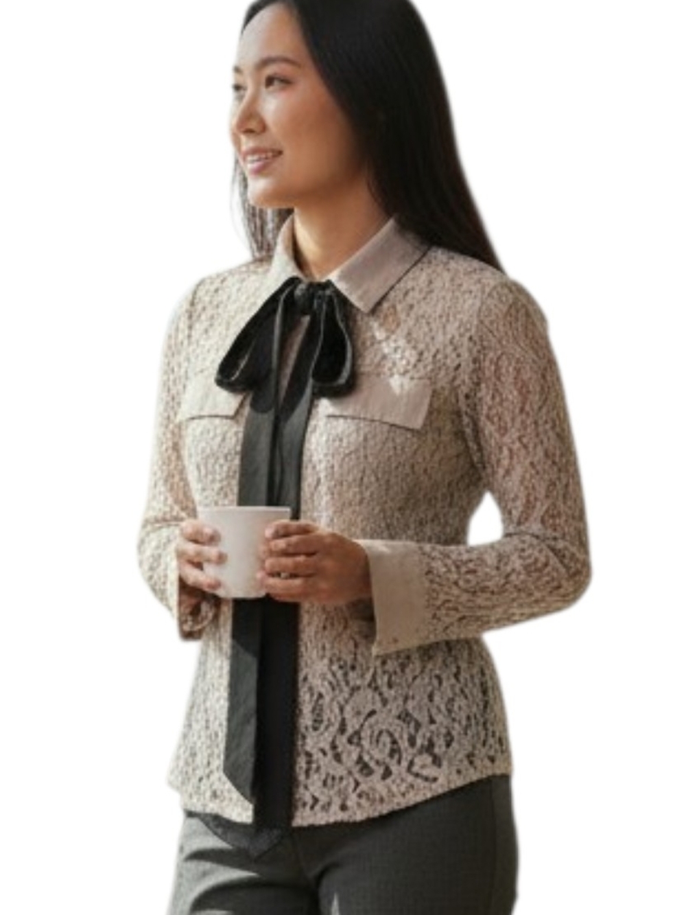 2B Bebe Cream Lace Blouse with Black Bow Neck Tie
